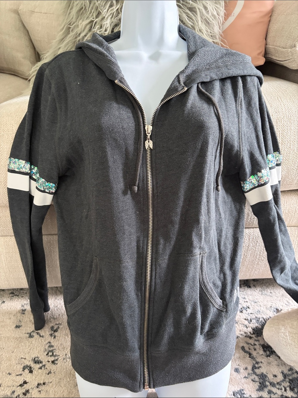 Victoria's Secret Dark Gray Zip-Up Hoodie with Sequin Stripe